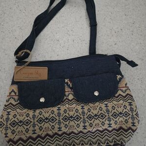 Navy and Tan Geometric Crossbody Bag